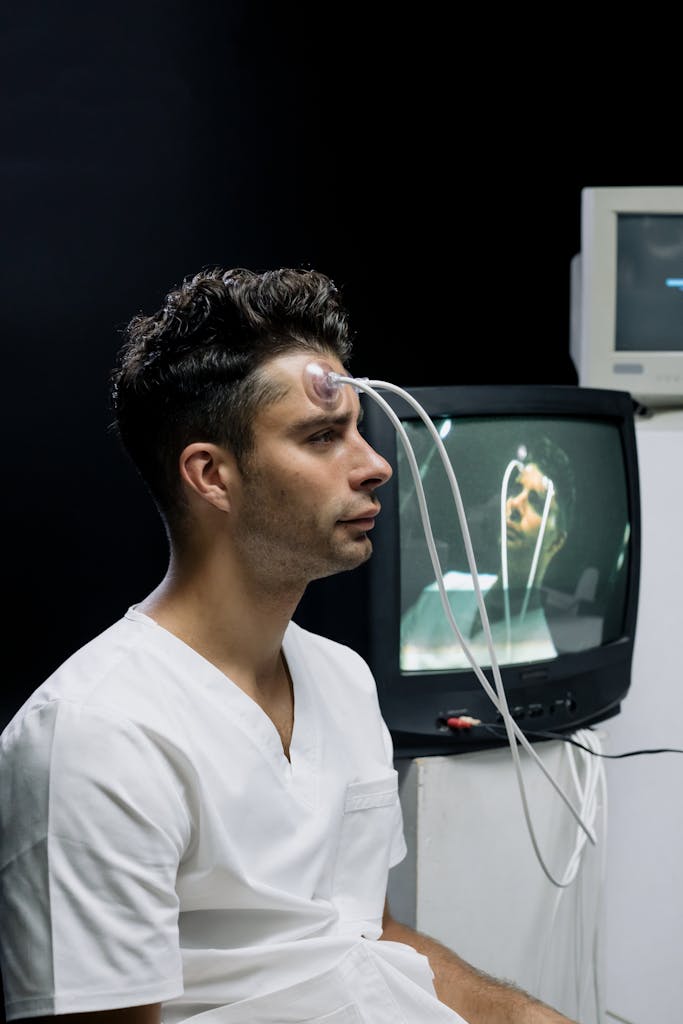 Man in white attire undergoing a medical brain examination with equipment attached to his forehead.